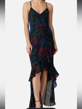 Badgley Mischka Black High-Low Floral  Dress with Blue & Red Blooms